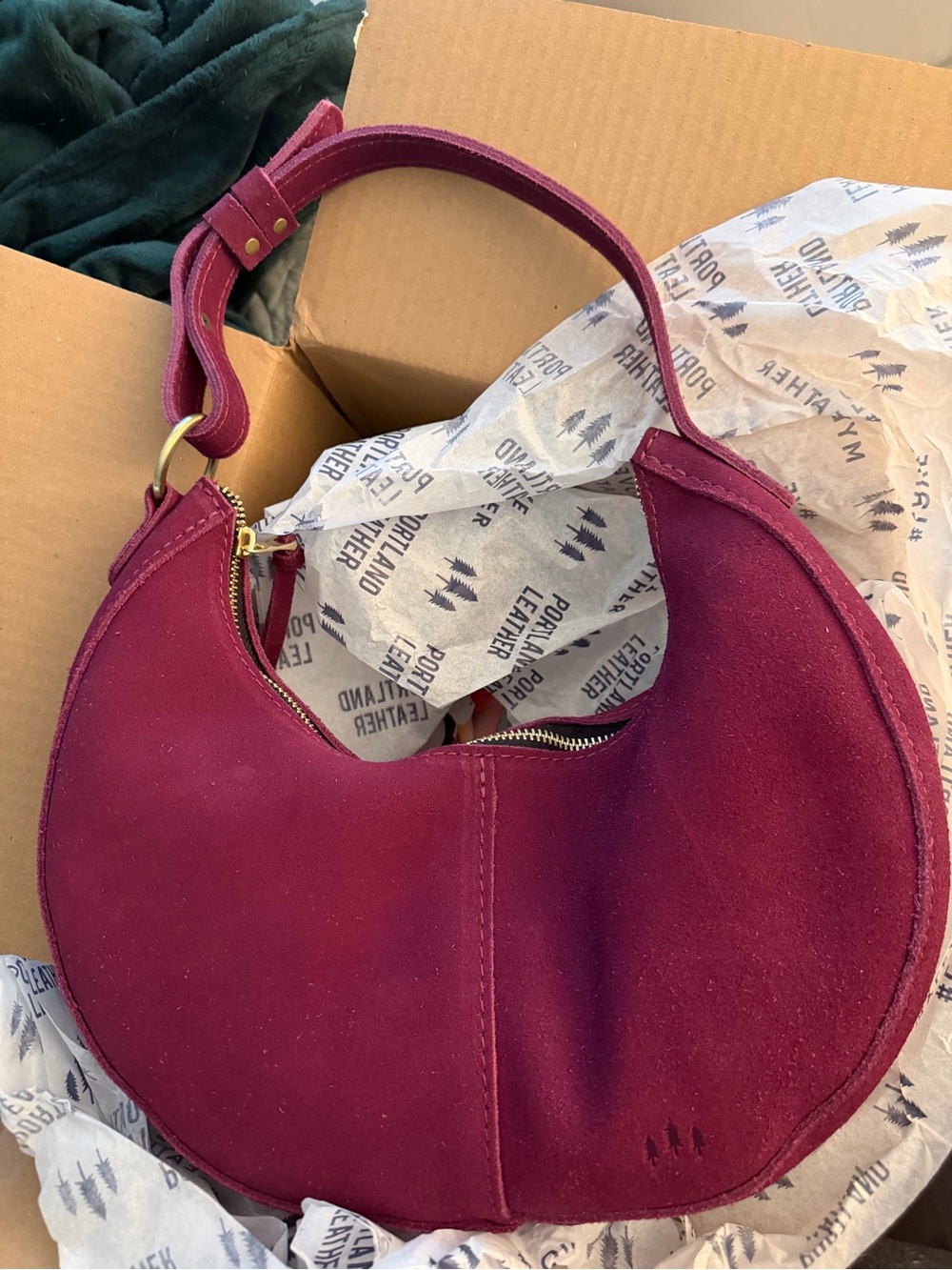 Suede Crescent Shoulder Bag in Superbloom - Portland Leather